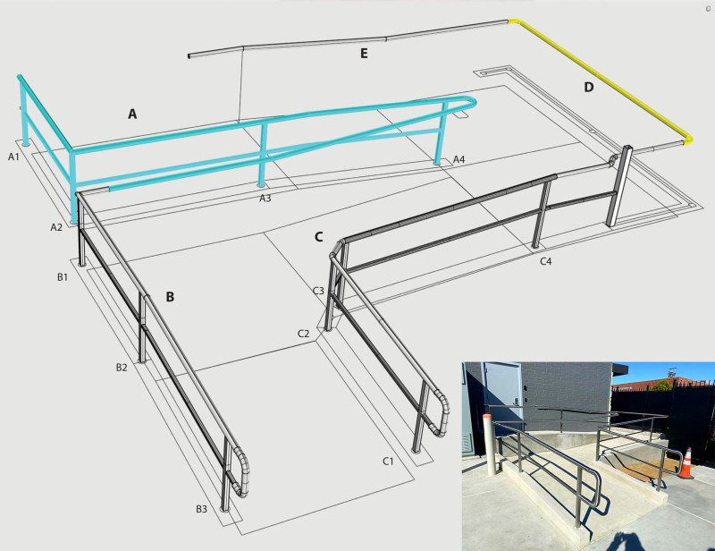 Stainles railing: sections, bends, connections, patterns and assembly specs.